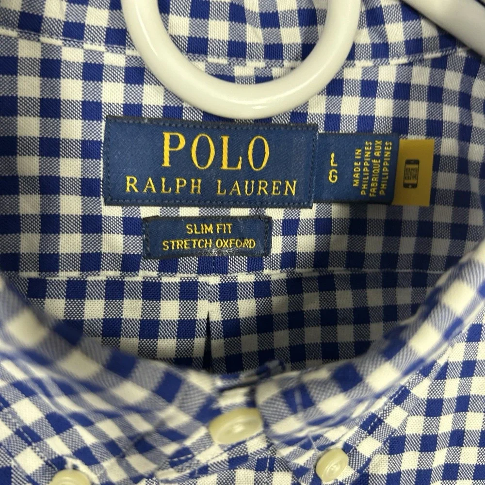Polo Ralph Lauren Shirt Mens L Gingham Slim Fit Stretch Oxford OCBD Flesh Pony